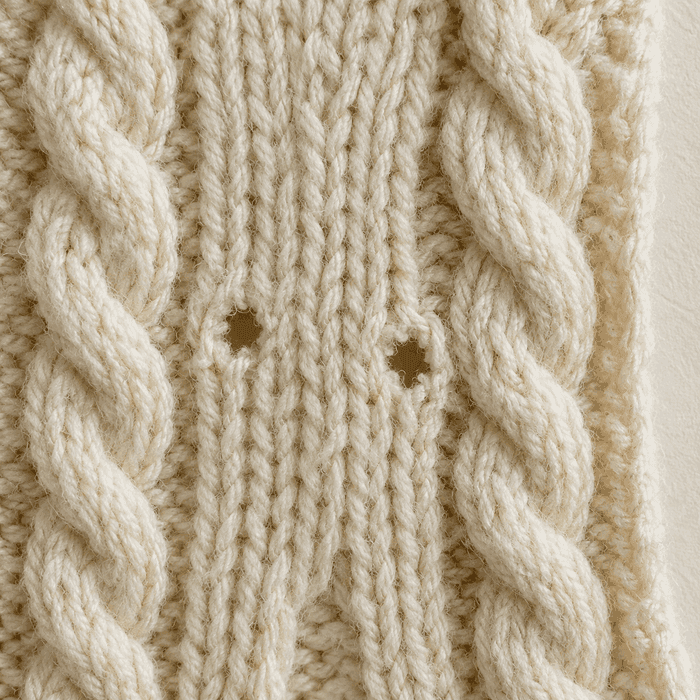 Two small moth holes in a cream cable-knit lambswool sweater.