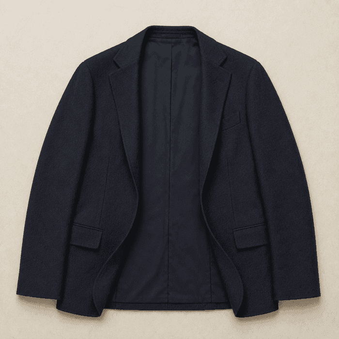 A navy wool single-breasted blazer laid flat and open.