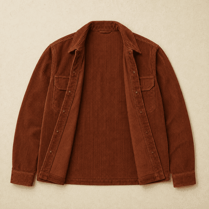 A rust-coloured wide-wale corduroy jacket laid flat and open.