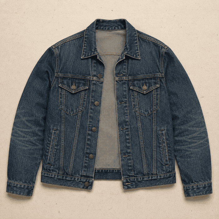 A faded indigo denim trucker jacket laid flat and open.