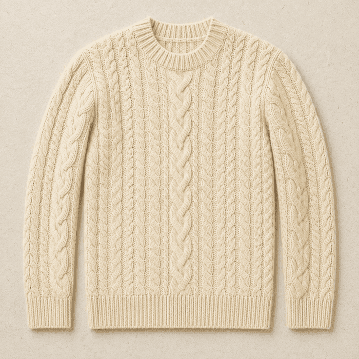 A cream cable-knit lambswool crew-neck sweater laid flat.