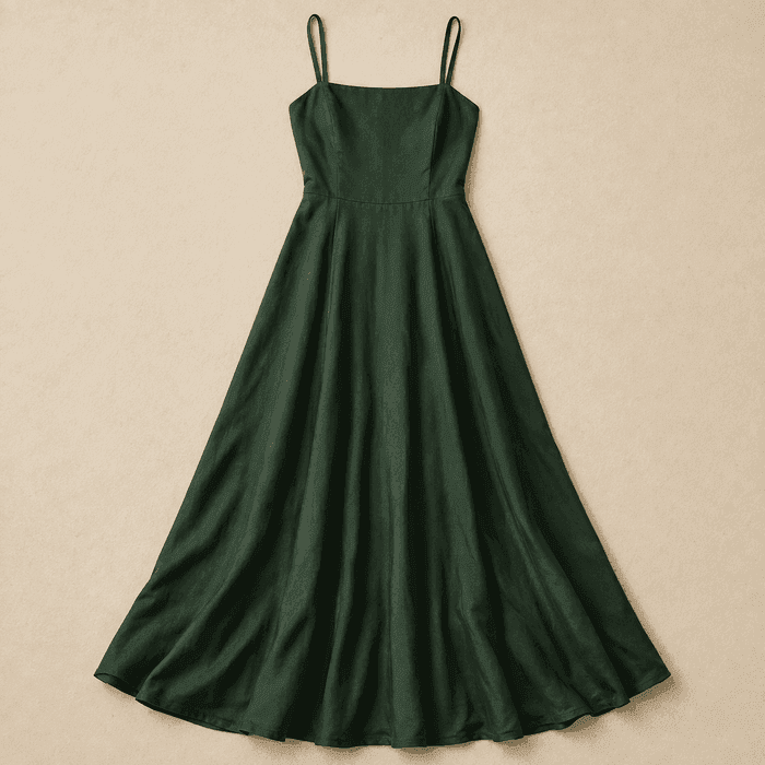A floor-length forest-green silk-crepe dress laid flat.