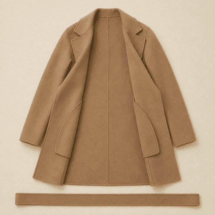 A camel double-faced wool coat laid flat and open.