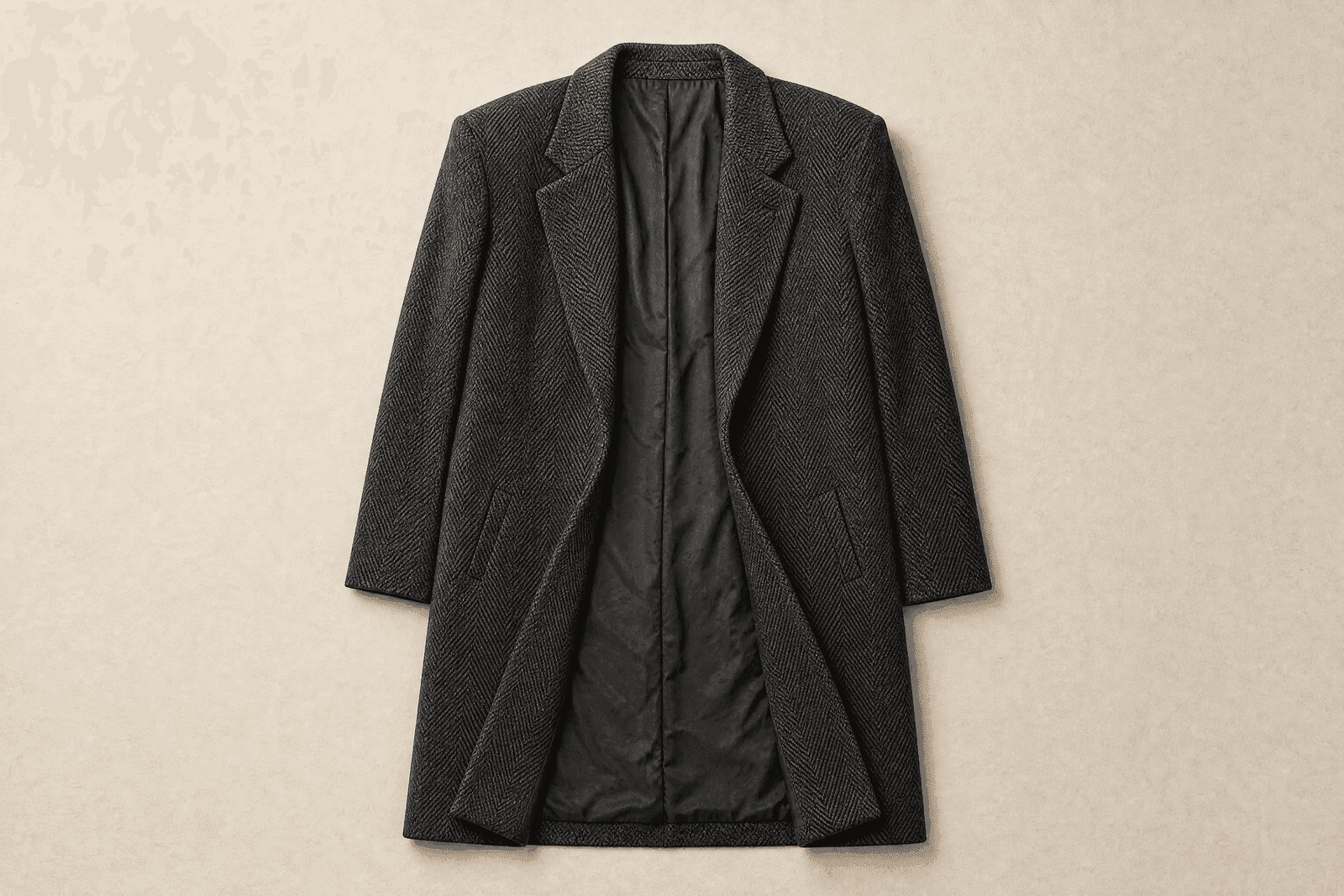 The charcoal herringbone wool coat this plan was drawn from, laid flat.