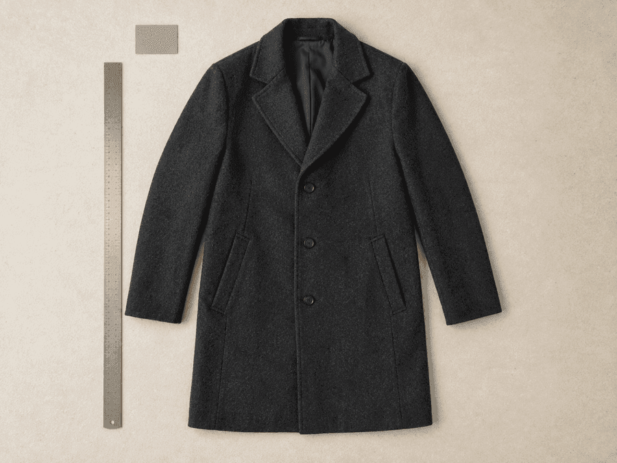 A wool coat laid flat and squared on paper with a plain steel straightedge beside it.