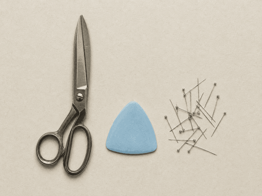 Steel dressmaking shears, a triangular tailor's chalk and a scatter of pins laid out on paper.