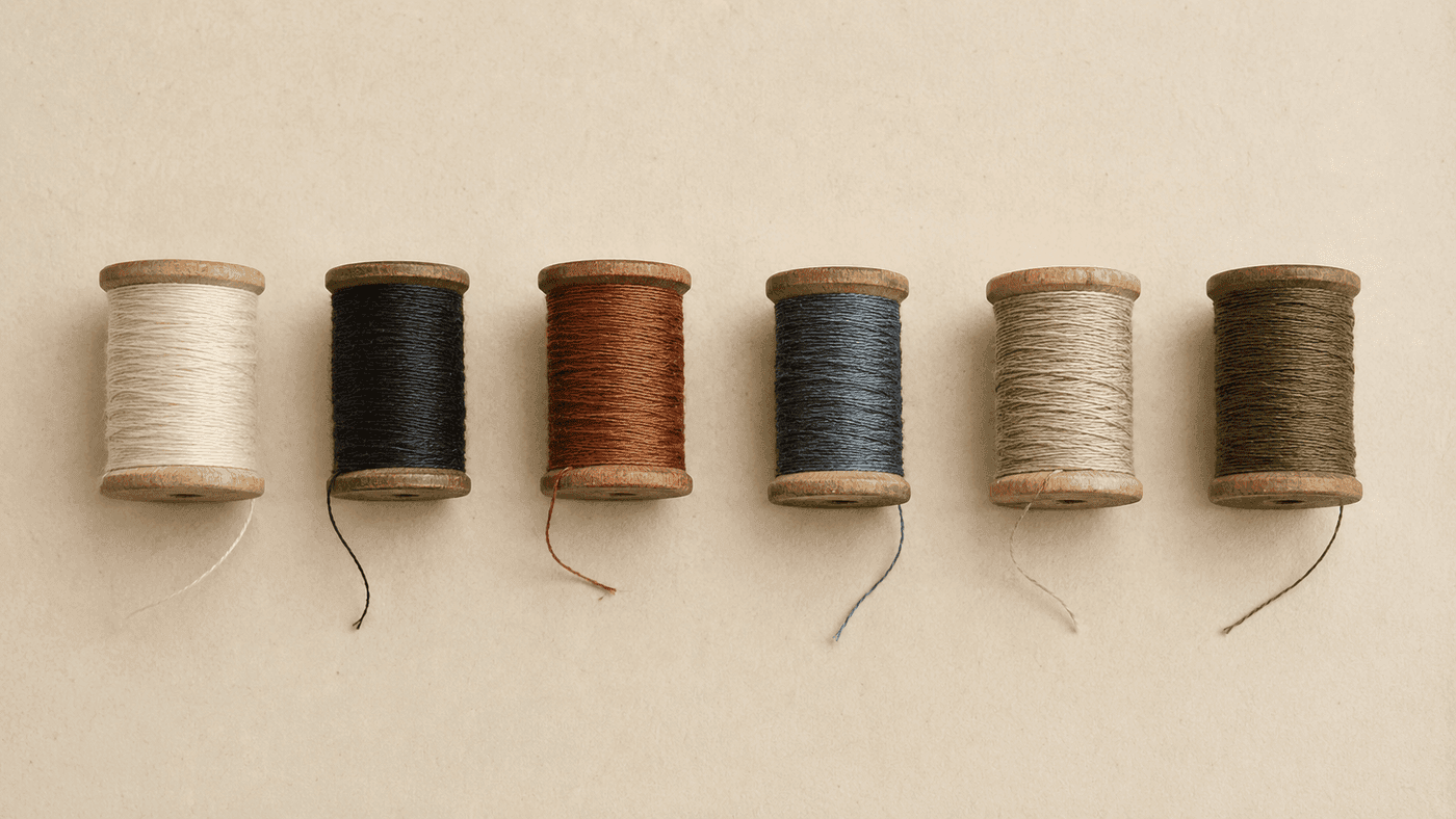 Six wooden spools of thread in muted natural colours laid out in a row on paper.